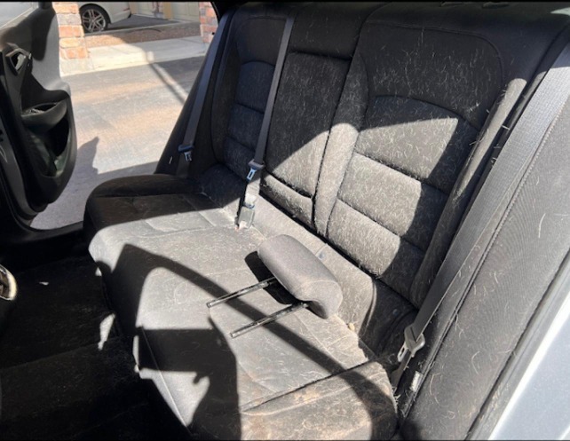 Before cleaning: Interior showing visible pet hair on seats, upholstery, and floor mats, in need of thorough removal to restore a clean, hair-free environment